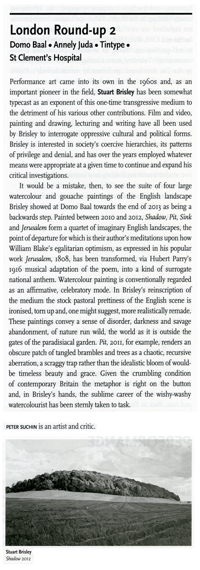 STUART BRISLEY, Exhibition review by Peter Suchin, Art Monthly, February 2014